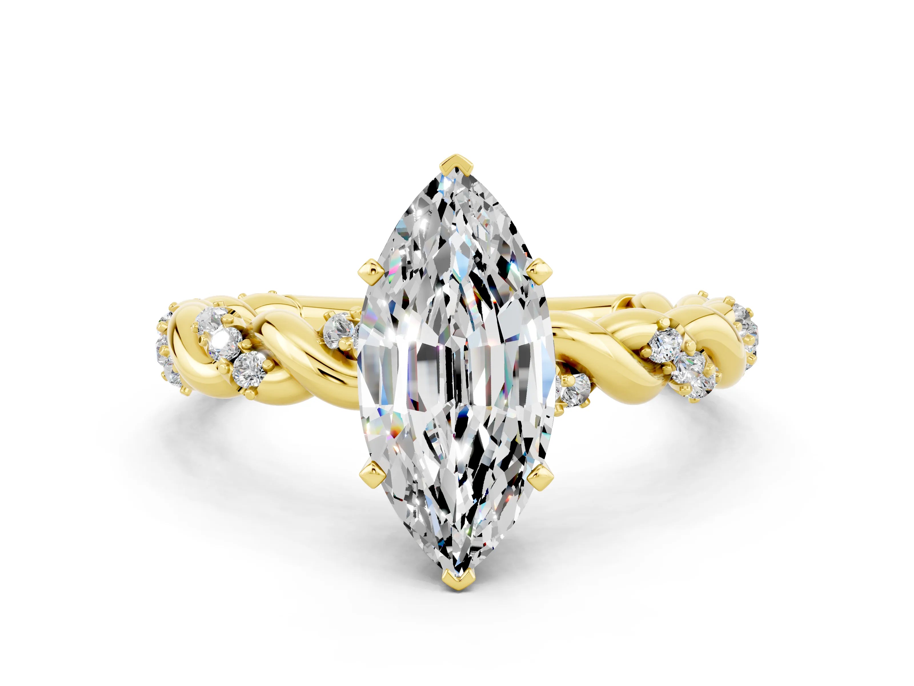 Yellow gold Marquise Cut Moissanite Solitaire Ring with Twisted Band and Pavé Accents