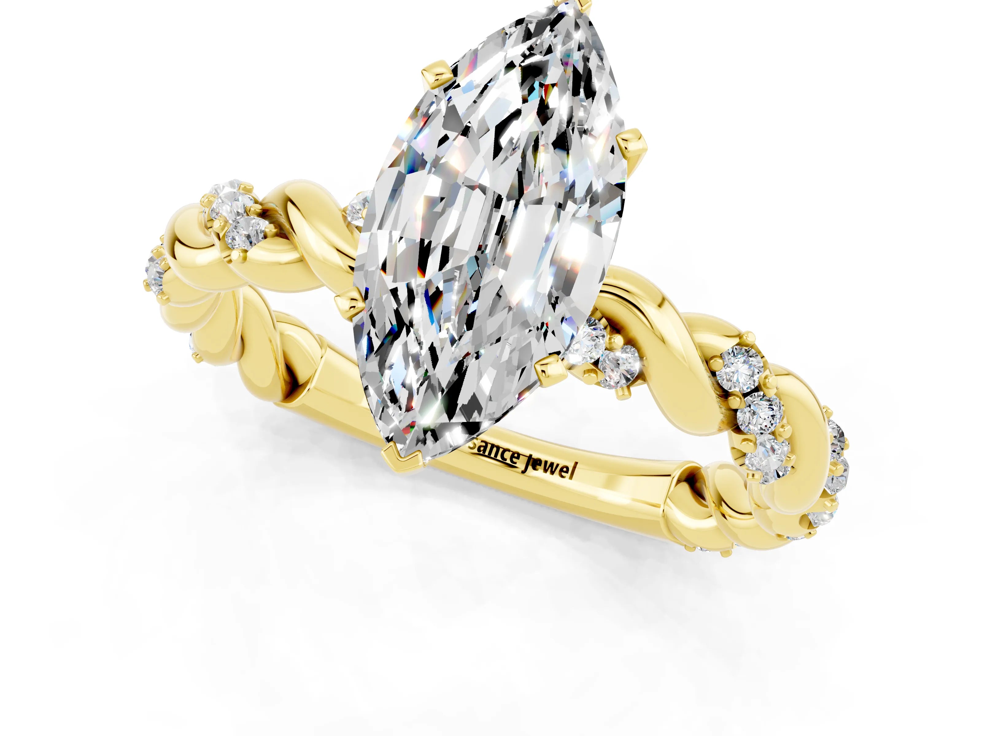 Yellow gold Marquise Cut Moissanite Solitaire Ring with Twisted Band and Pavé Accents_1