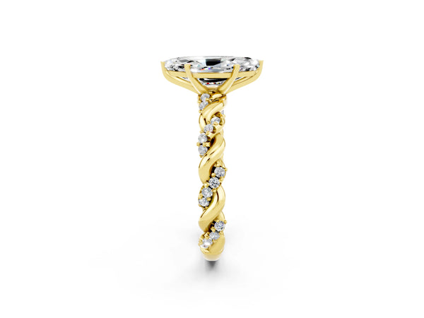 Yellow gold Marquise Cut Moissanite Solitaire Ring with Twisted Band and Pavé Accents
