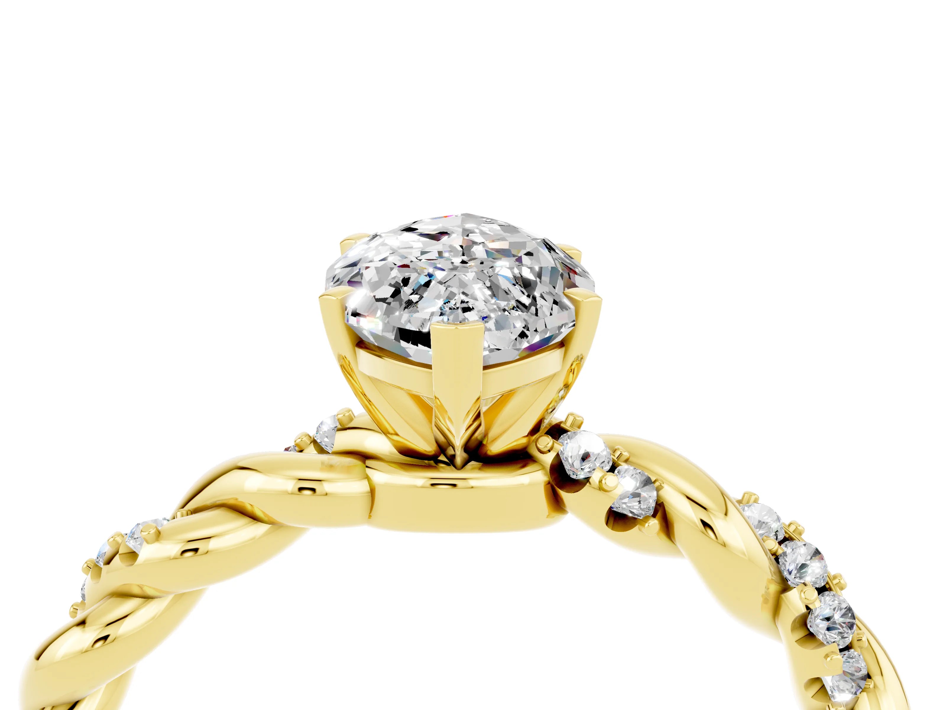 Yellow gold Marquise Cut Moissanite Solitaire Ring with Twisted Band and Pavé Accents_4