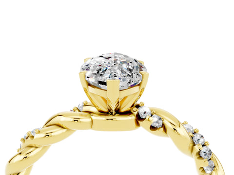 Yellow gold Marquise Cut Moissanite Solitaire Ring with Twisted Band and Pavé Accents_4
