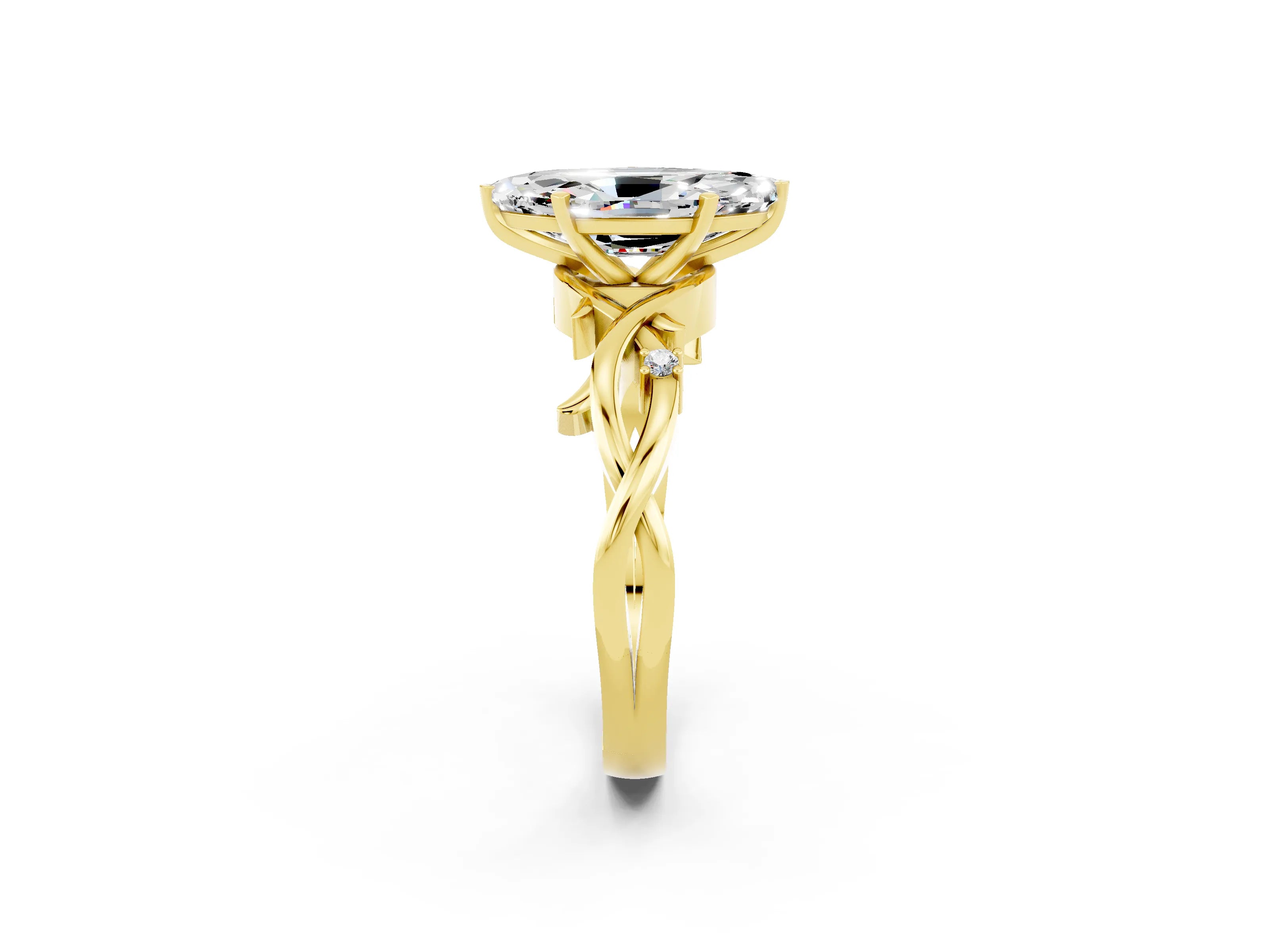 Yellow gold Marquise Cut Moissanite Solitaire Ring with Twisted Band and Prong Setting_2