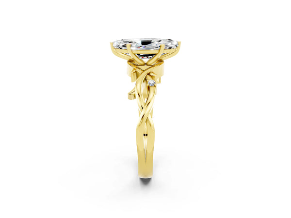 Yellow gold Marquise Cut Moissanite Solitaire Ring with Twisted Band and Prong Setting