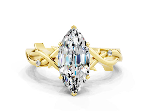 Yellow gold Marquise Cut Moissanite Solitaire Ring with Twisted Band and Prong Setting