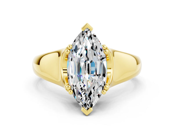 Yellow gold Marquise Cut Moissanite Solitaire Ring with Wide Band and Prong Setting