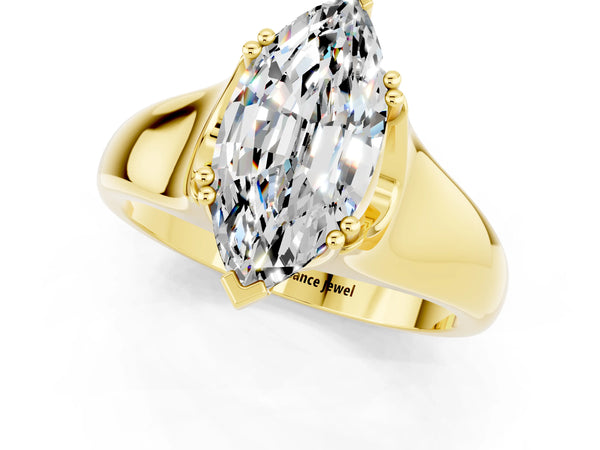 Yellow gold Marquise Cut Moissanite Solitaire Ring with Wide Band and Prong Setting