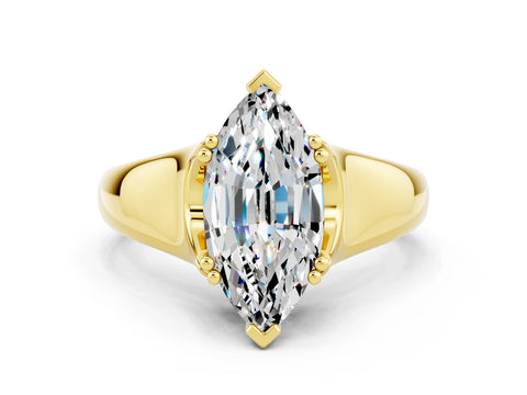 Yellow gold Marquise Cut Moissanite Solitaire Ring with Wide Band and Prong Setting