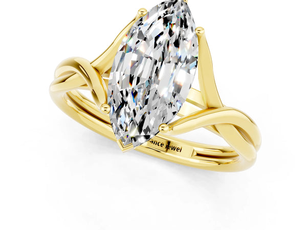 Yellow gold Marquise Cut Moissanite Solitaire Twist Band Prong Setting Ring