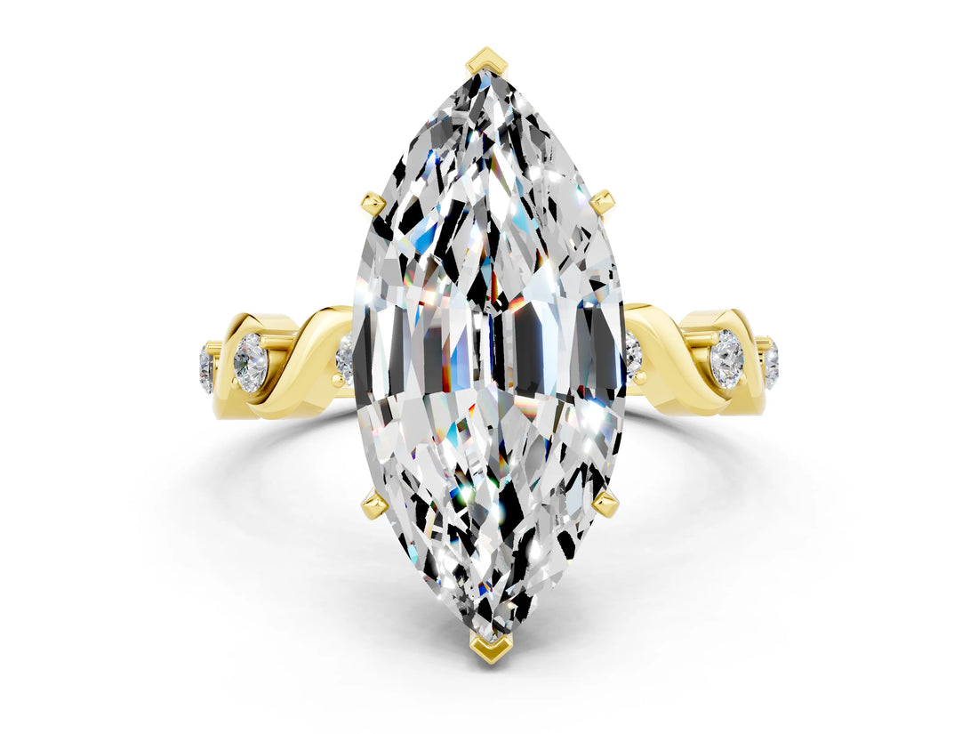 Yellow gold Marquise Cut Moissanite Solitaire Twisted Band with Round  Accents and Prong Setting_12