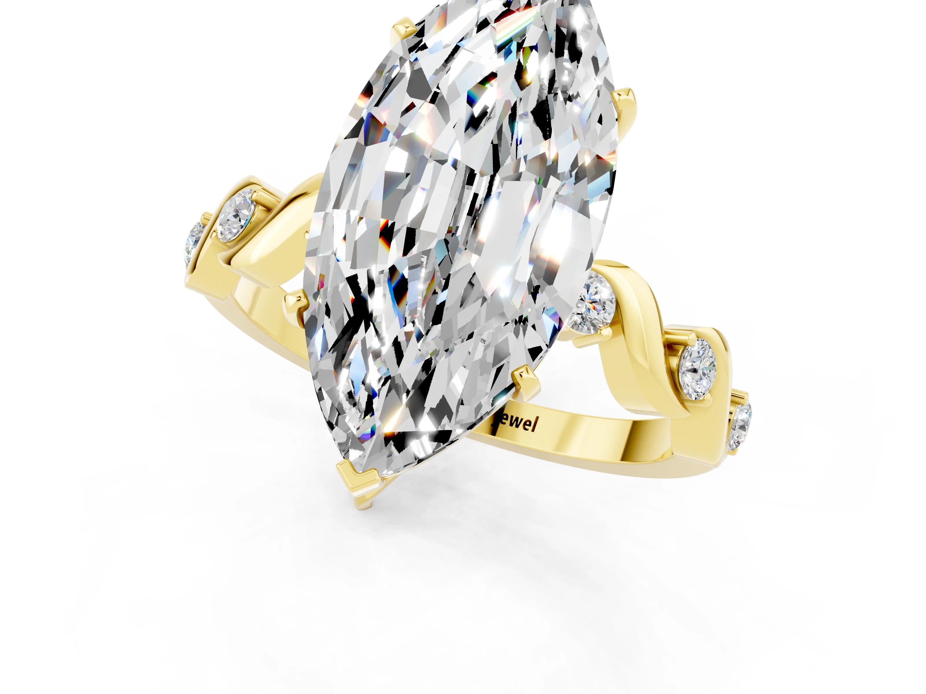 Yellow gold Marquise Cut Moissanite Solitaire Twisted Band with Round  Accents and Prong Setting_13
