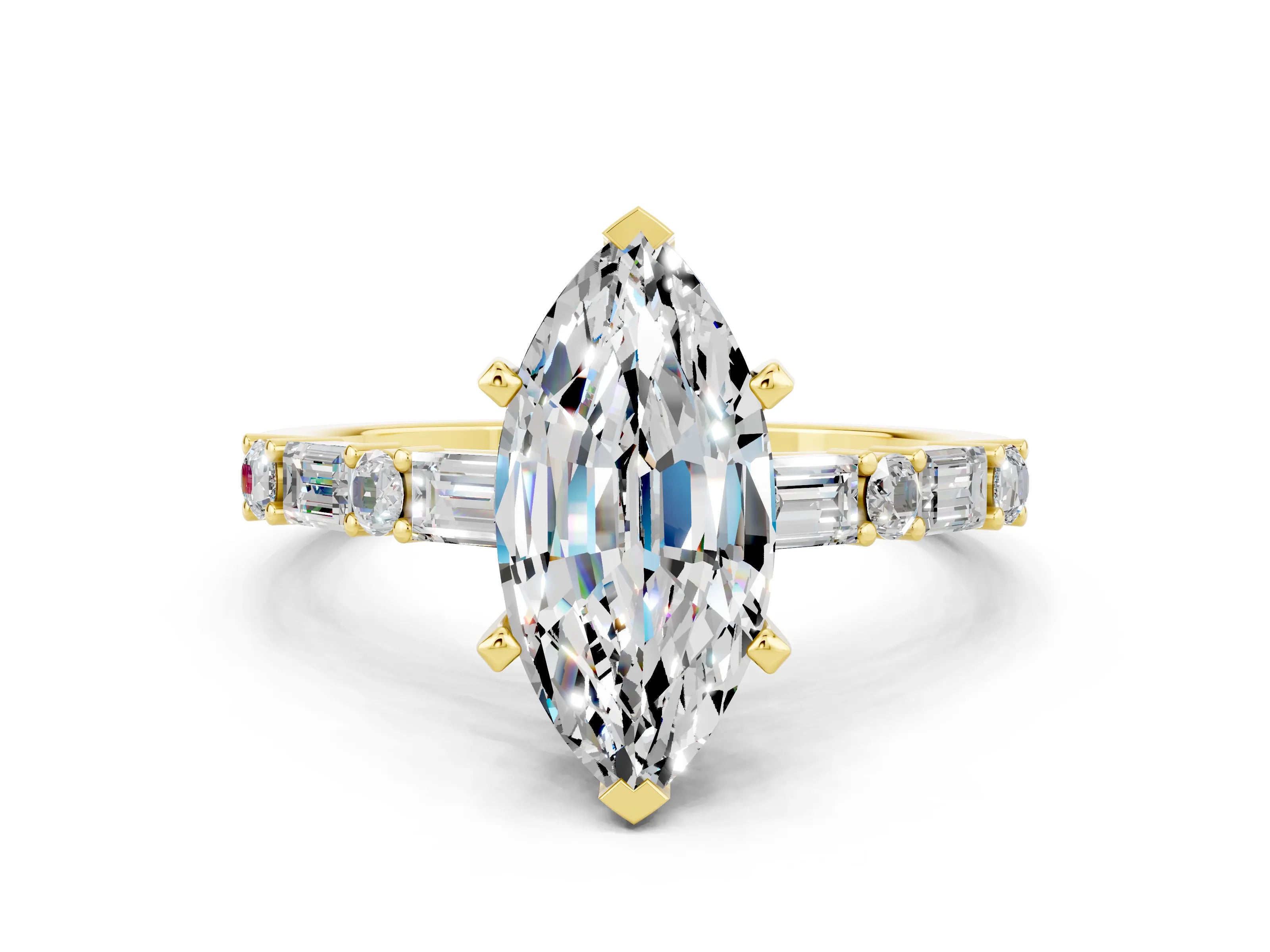 Yellow gold Marquise Cut Moissanite Solitaire with Side Baguettes and Channel Set Band