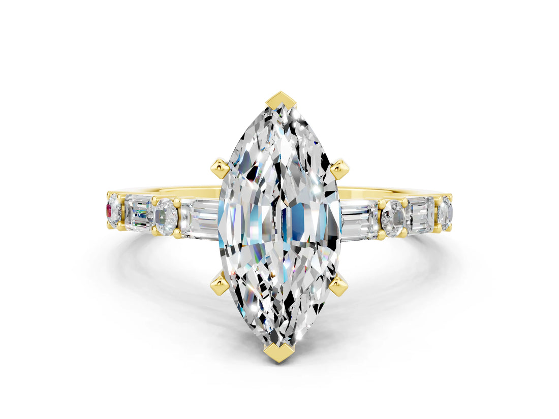 Yellow gold Marquise Cut Moissanite Solitaire with Side Baguettes and Channel Set Band