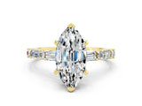 Yellow gold Marquise Cut Moissanite Solitaire with Side Baguettes and Channel Set Band