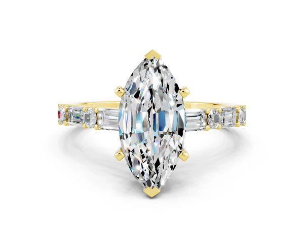 Yellow gold Marquise Cut Moissanite Solitaire with Side Baguettes and Channel Set Band
