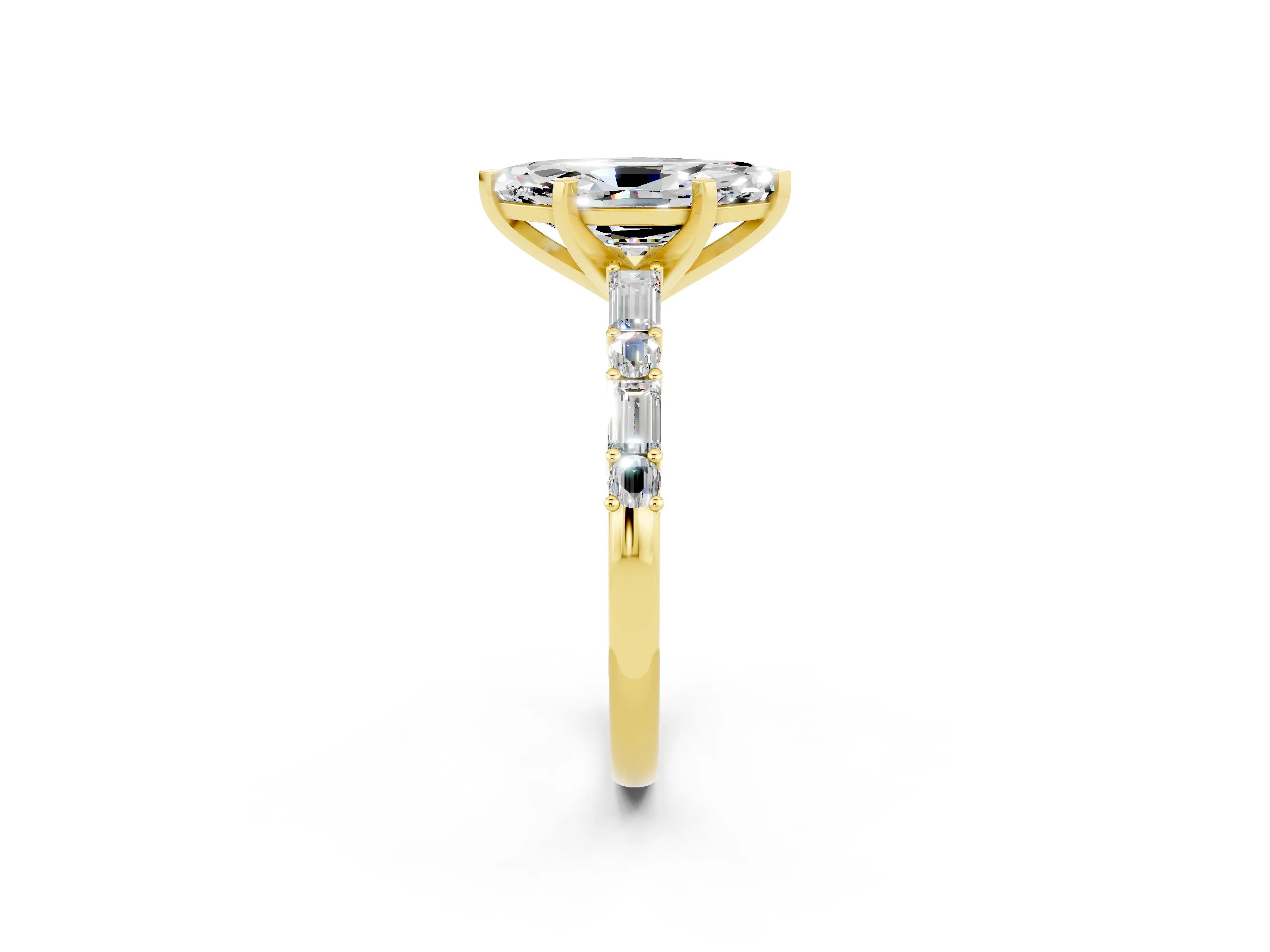 Yellow gold Marquise Cut Moissanite Solitaire with Side Baguettes and Channel Set Band_2