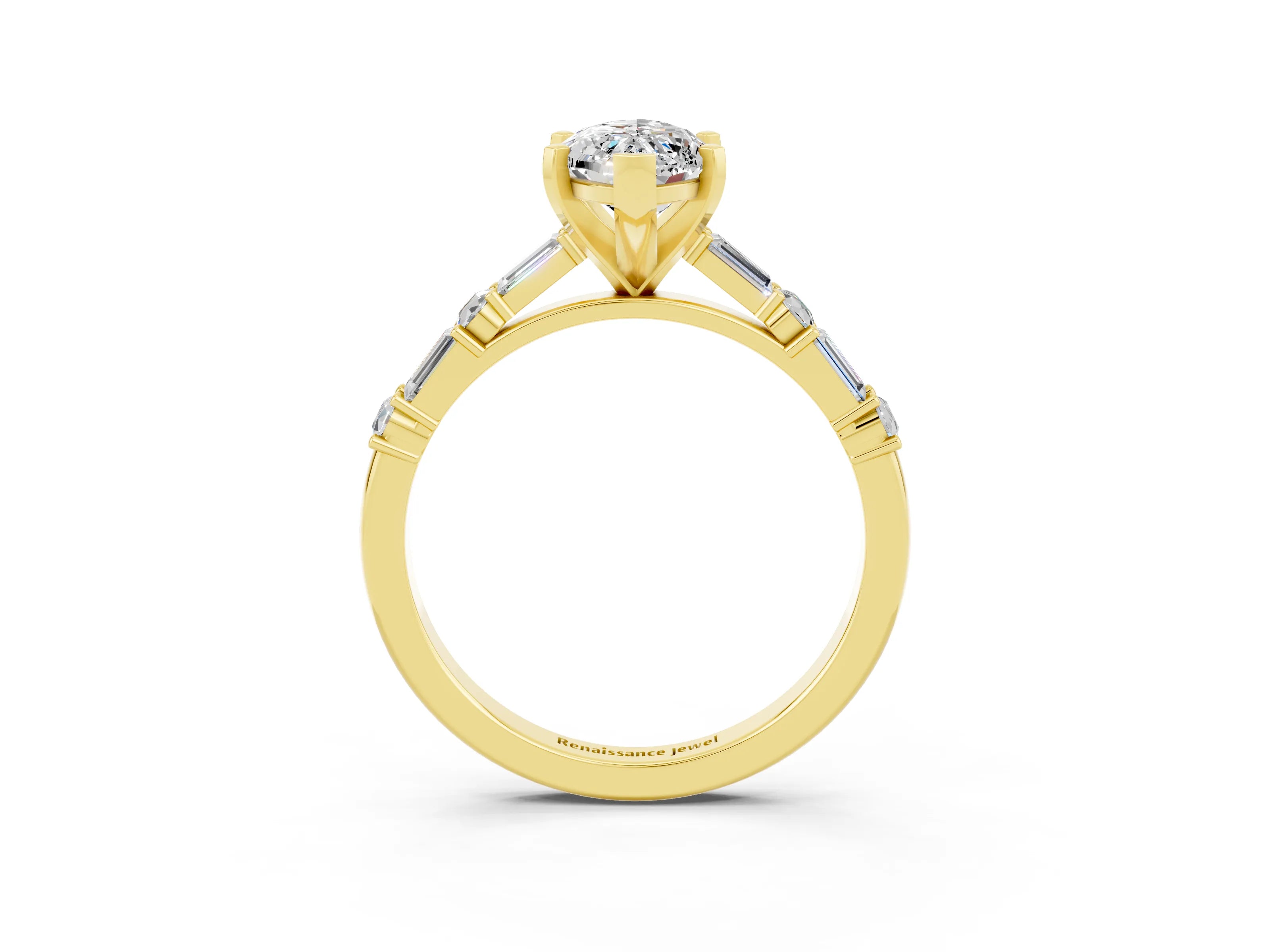 Yellow gold Marquise Cut Moissanite Solitaire with Side Baguettes and Channel Set Band_3