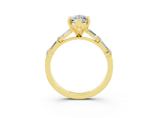 Yellow gold Marquise Cut Moissanite Solitaire with Side Baguettes and Channel Set Band