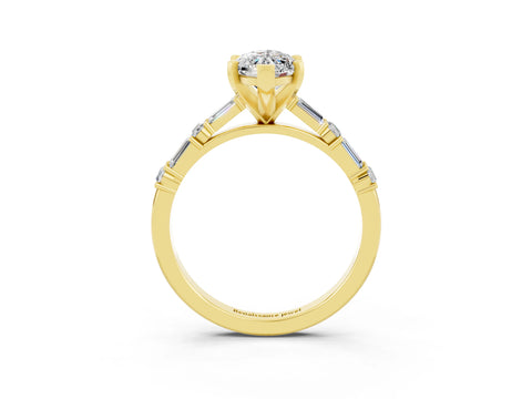 Yellow gold Marquise Cut Moissanite Solitaire with Side Baguettes and Channel Set Band_3