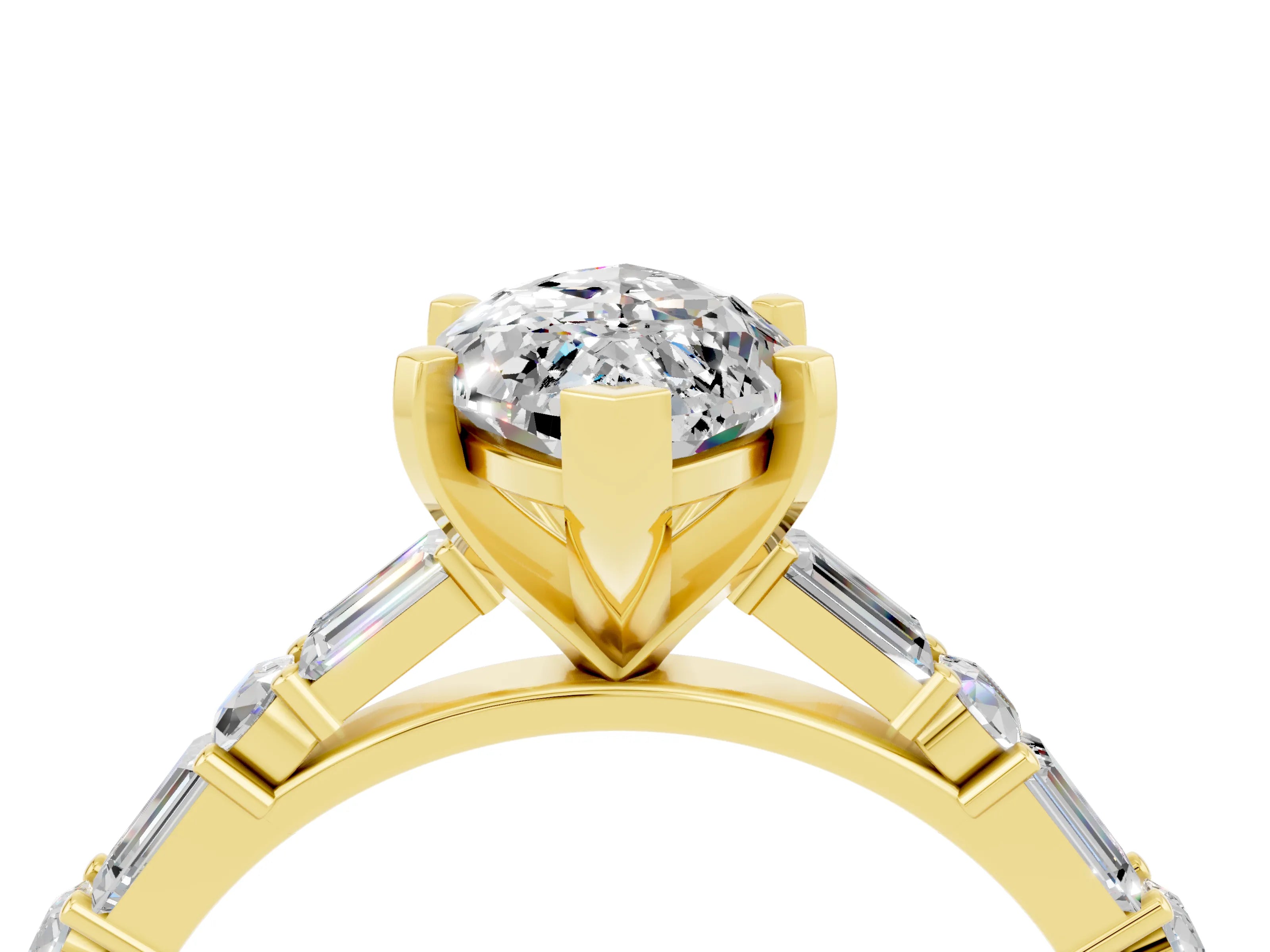 Yellow gold Marquise Cut Moissanite Solitaire with Side Baguettes and Channel Set Band_4