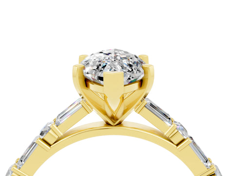 Yellow gold Marquise Cut Moissanite Solitaire with Side Baguettes and Channel Set Band_4