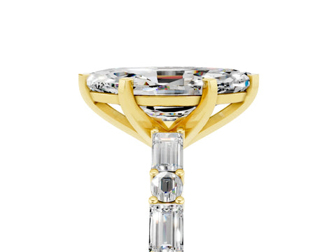Yellow gold Marquise Cut Moissanite Solitaire with Side Baguettes and Channel Set Band_5