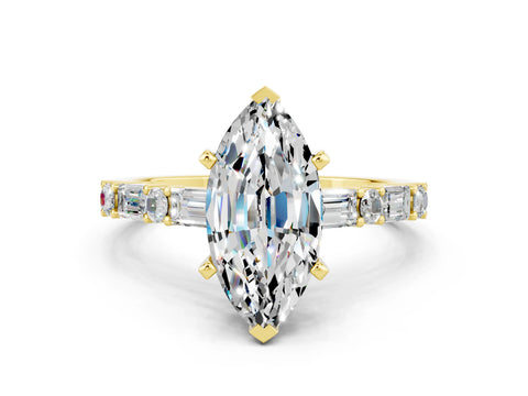 Yellow gold Marquise Cut Moissanite Solitaire with Side Baguettes and Channel Set Band