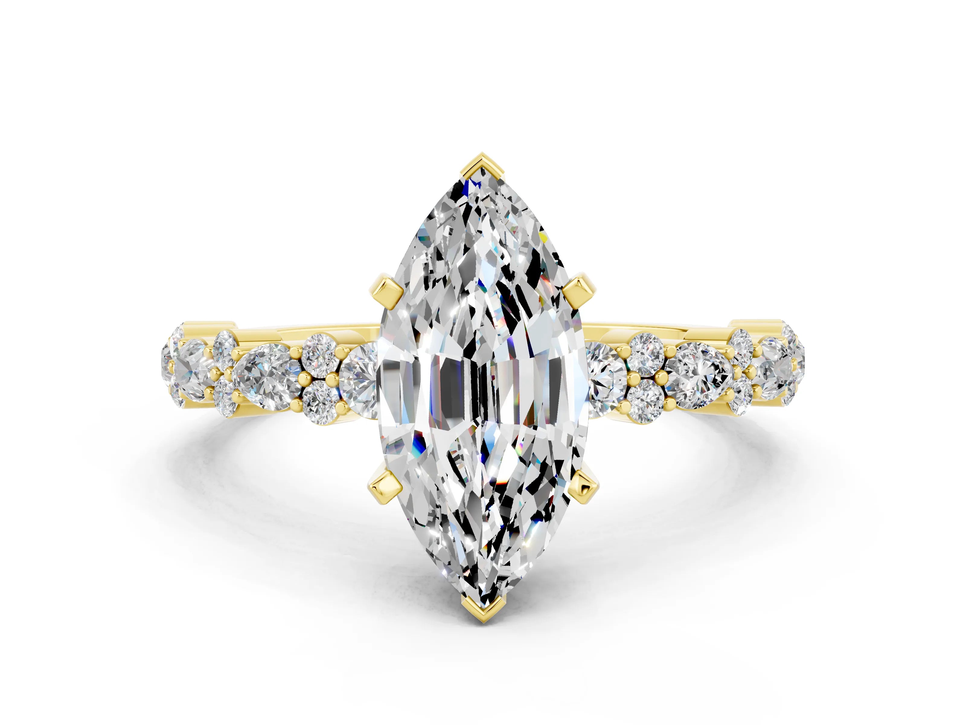 Yellow gold Marquise Cut Moissanite Solitaire with Side Stones, Pave Band, Four-Prong Setting_24
