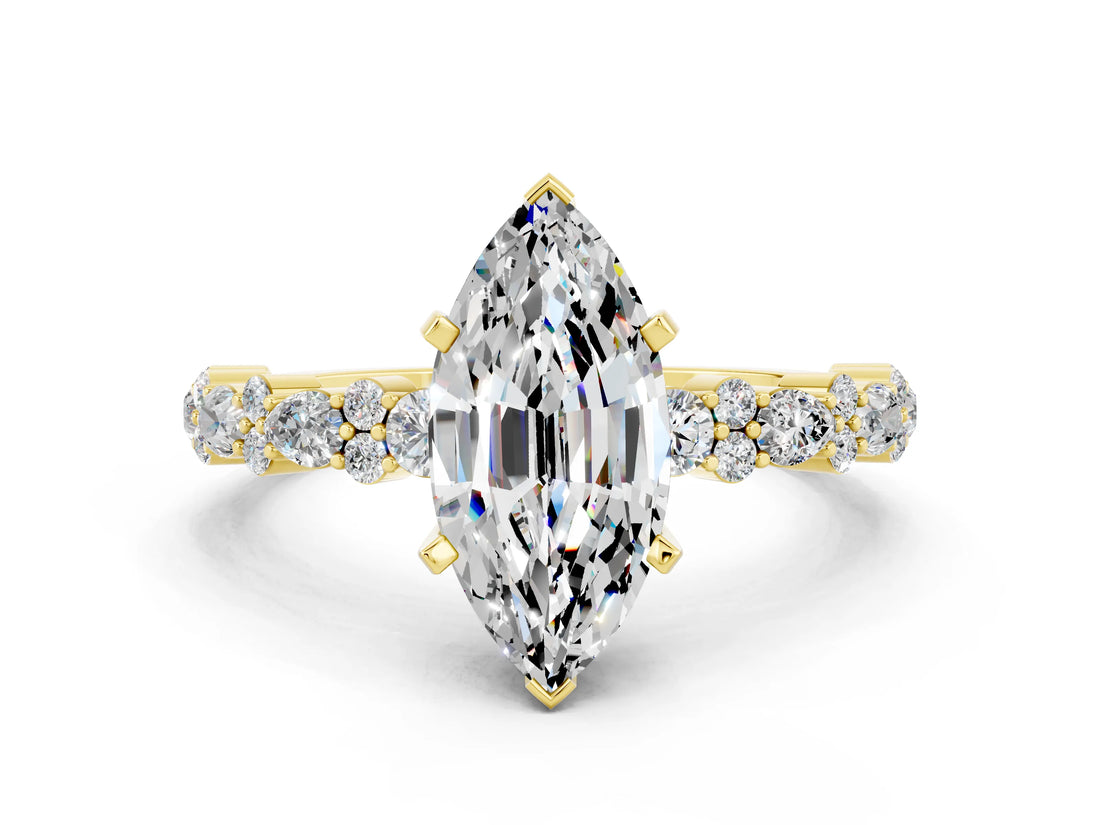 Yellow gold Marquise Cut Moissanite Solitaire with Side Stones, Pave Band, Four-Prong Setting_24