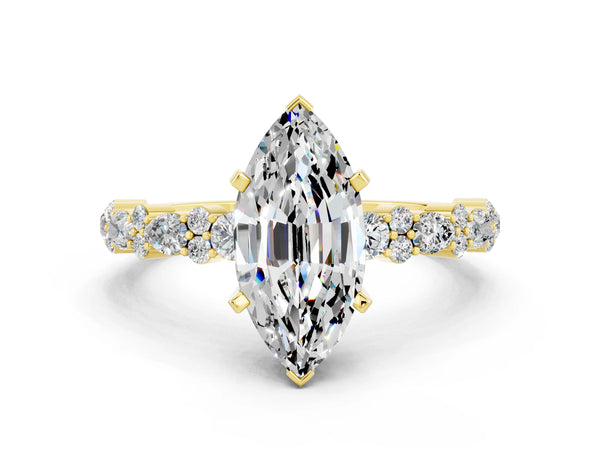 Yellow gold Marquise Cut Moissanite Side Stone Solitaire Ring with Round  and Four-Prong Setting