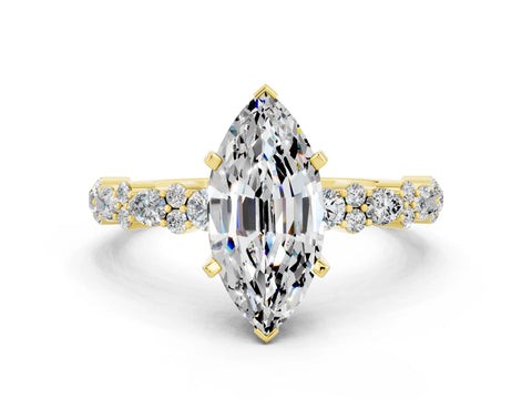 Yellow gold Marquise Cut Moissanite Solitaire with Side Stones, Pave Band, Four-Prong Setting_24