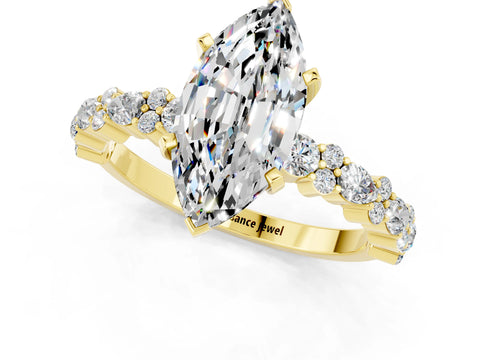 Yellow gold Marquise Cut Moissanite Solitaire with Side Stones, Pave Band, Four-Prong Setting_25