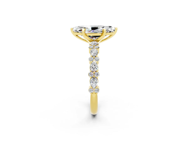 Yellow gold Marquise Cut Moissanite Side Stone Solitaire Ring with Round  and Four-Prong Setting
