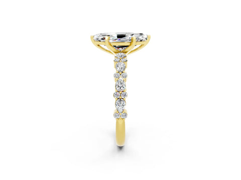 Yellow gold Marquise Cut Moissanite Solitaire with Side Stones, Pave Band, Four-Prong Setting_26