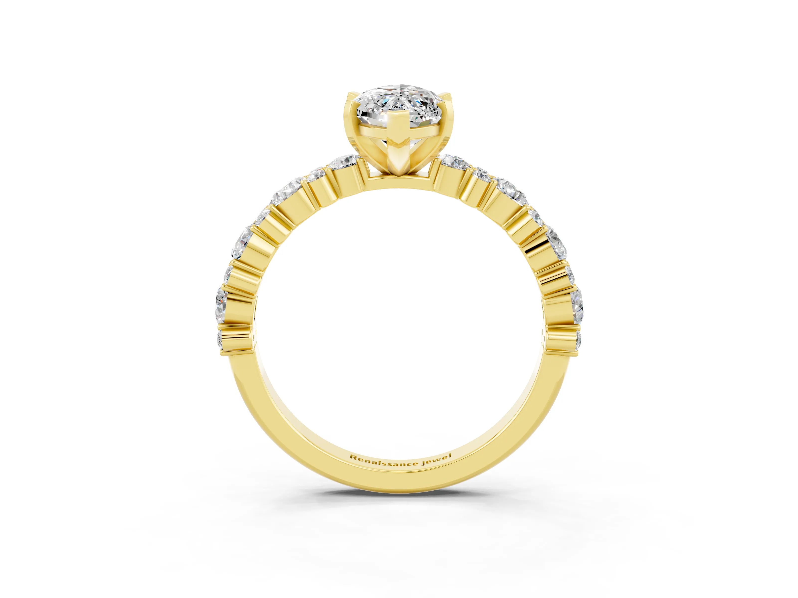 Yellow gold Marquise Cut Moissanite Solitaire with Side Stones, Pave Band, Four-Prong Setting_27