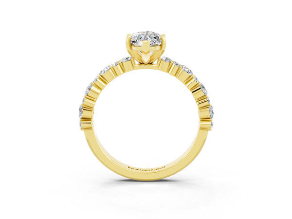 Yellow gold Marquise Cut Moissanite Side Stone Solitaire Ring with Round  and Four-Prong Setting