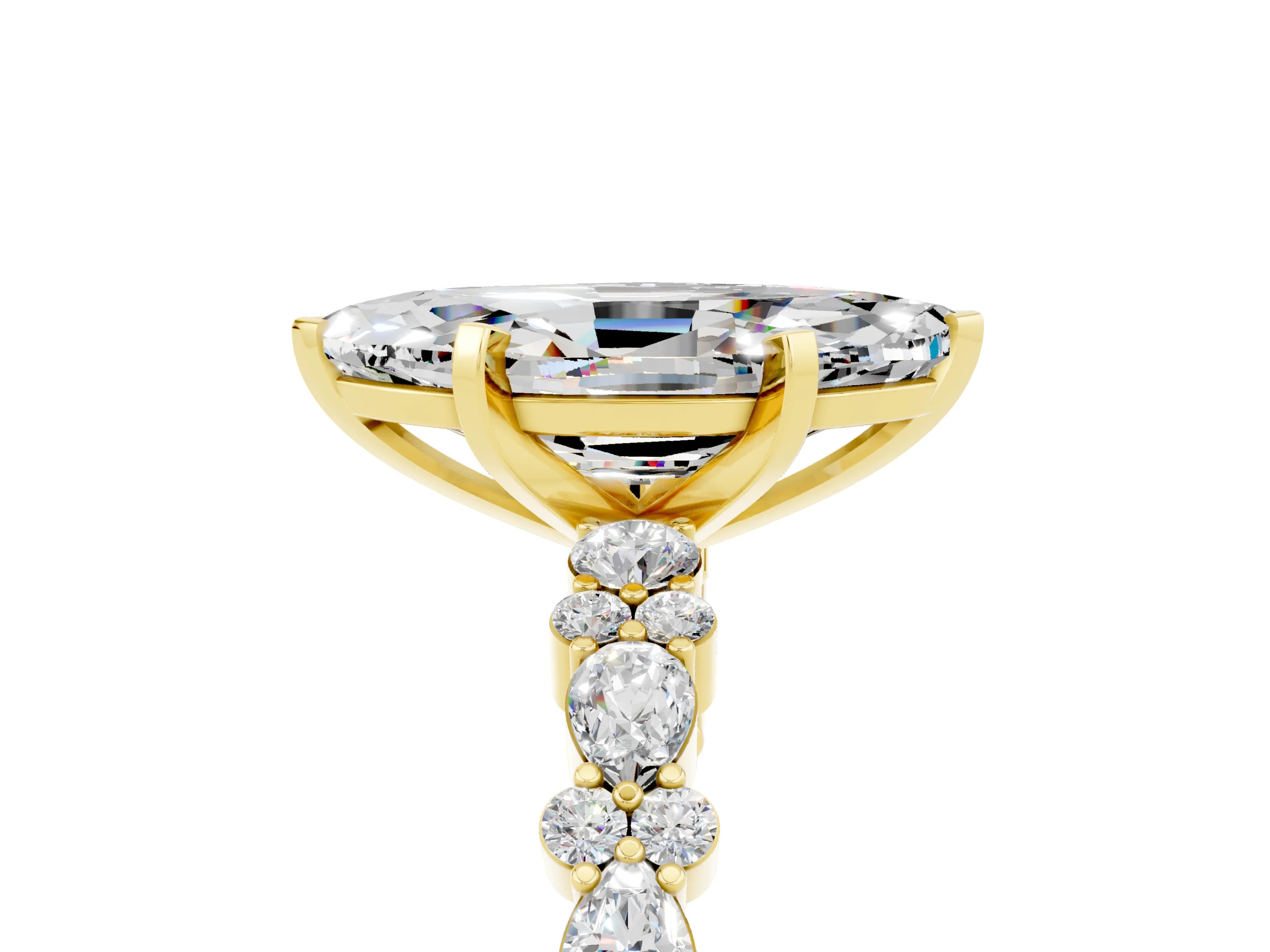 Yellow gold Marquise Cut Moissanite Solitaire with Side Stones, Pave Band, Four-Prong Setting_29