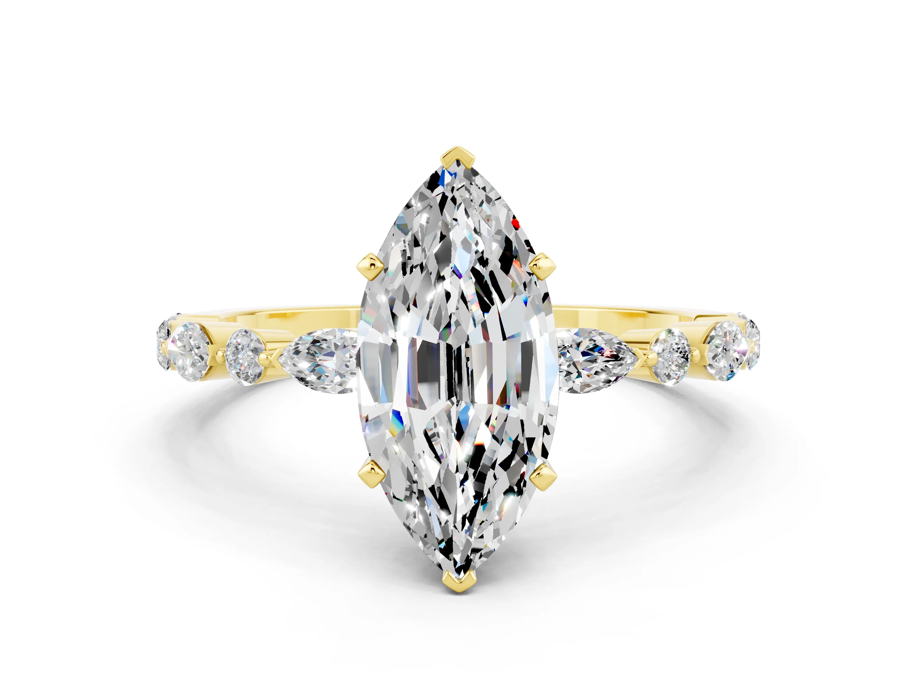 Yellow gold Marquise Cut Moissanite Solitaire with Side Stones on a Pavé Band and Four-Prong Setting