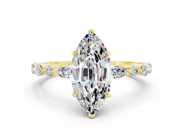 Yellow gold Marquise Cut Moissanite Ring with Marquise and Round  Side Stones and Four-Prong Setting
