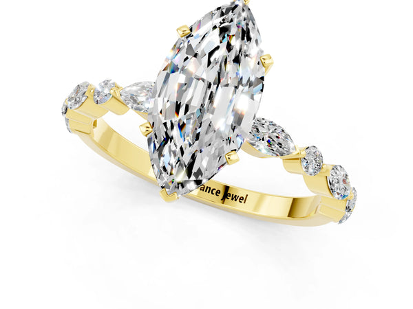 Yellow gold Marquise Cut Moissanite Ring with Marquise and Round  Side Stones and Four-Prong Setting
