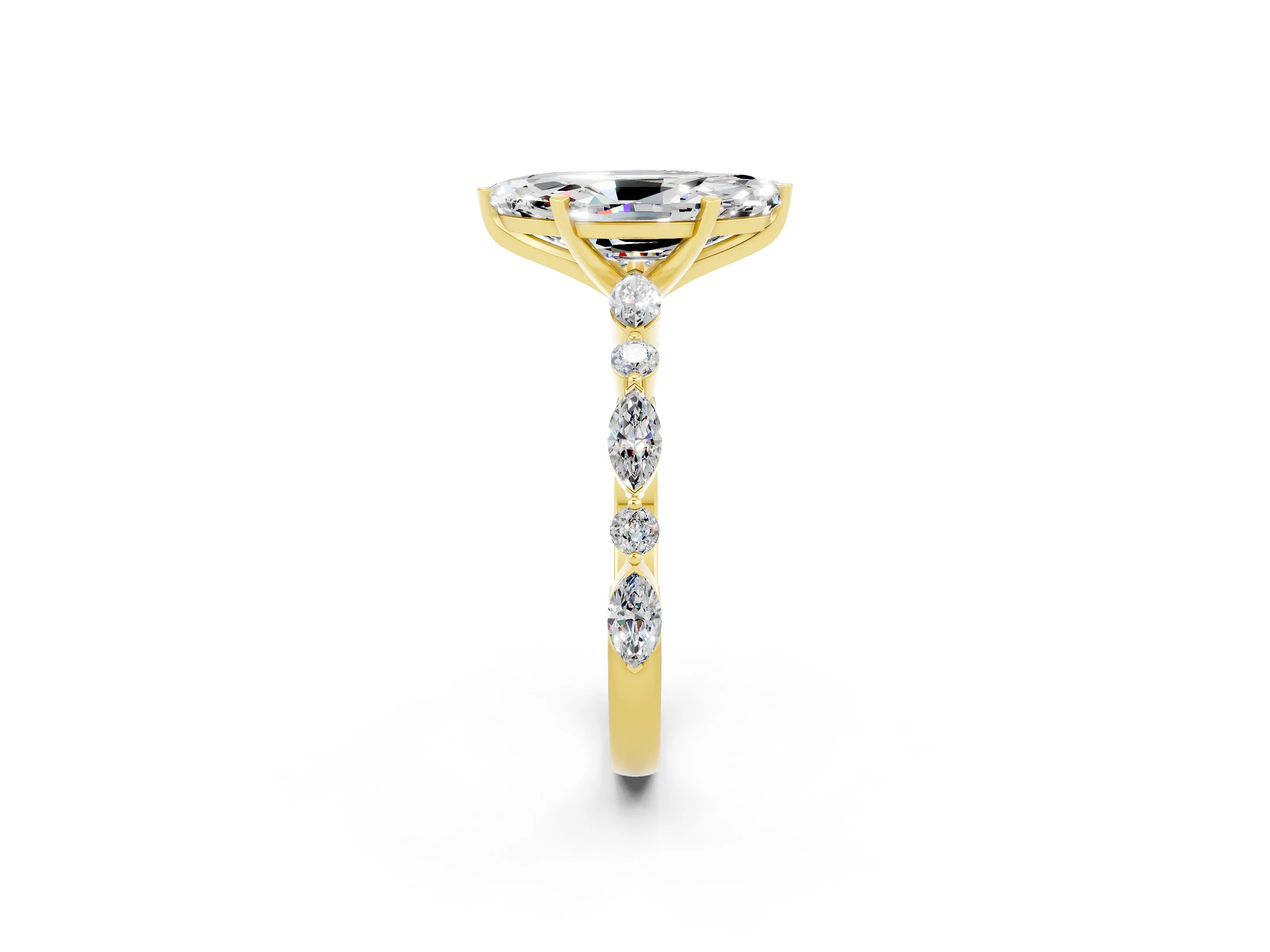 Yellow gold Marquise Cut Moissanite Solitaire with Side Stones on a Pavé Band and Four-Prong Setting_2