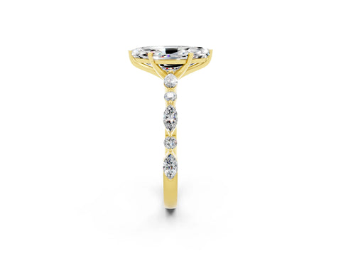 Yellow gold Marquise Cut Moissanite Solitaire with Side Stones on a Pavé Band and Four-Prong Setting_2