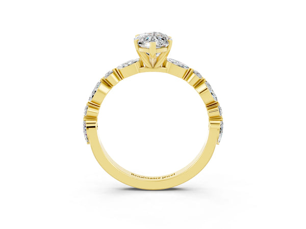 Yellow gold Marquise Cut Moissanite Ring with Marquise and Round  Side Stones and Four-Prong Setting