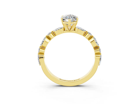 Yellow gold Marquise Cut Moissanite Solitaire with Side Stones on a Pavé Band and Four-Prong Setting_3