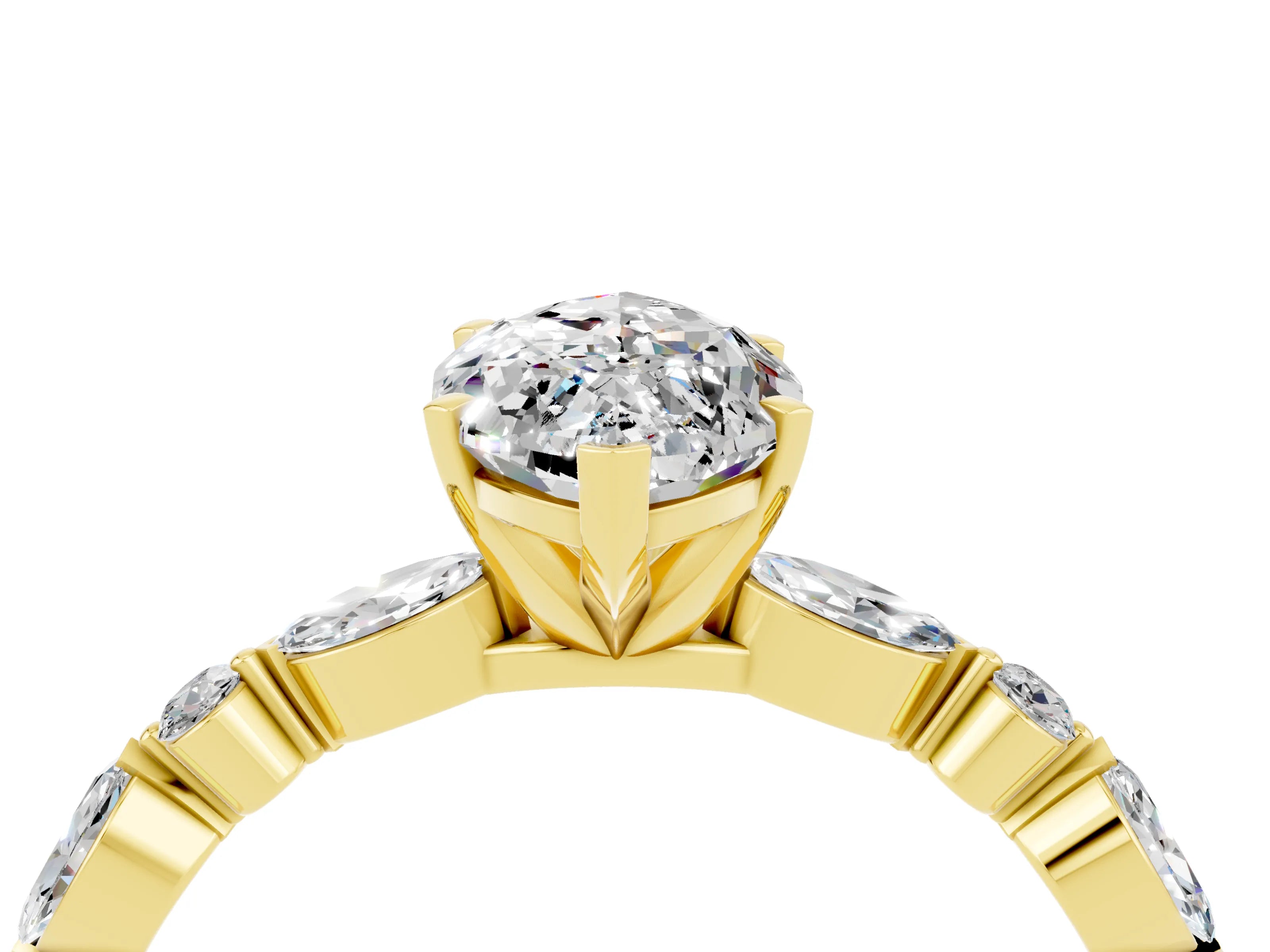 Yellow gold Marquise Cut Moissanite Solitaire with Side Stones on a Pavé Band and Four-Prong Setting_4