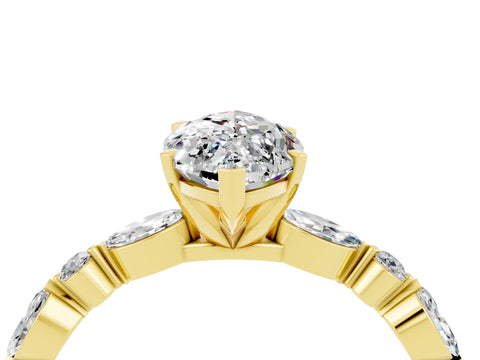 Yellow gold Marquise Cut Moissanite Solitaire with Side Stones on a Pavé Band and Four-Prong Setting_4