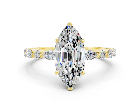 Yellow gold Marquise Cut Moissanite Solitaire with Side Stones on a Pavé Band and Four-Prong Setting