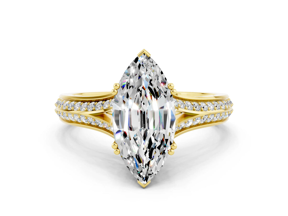 Yellow gold Marquise Cut Moissanite Split Shank Engagement Ring with Pavé Band