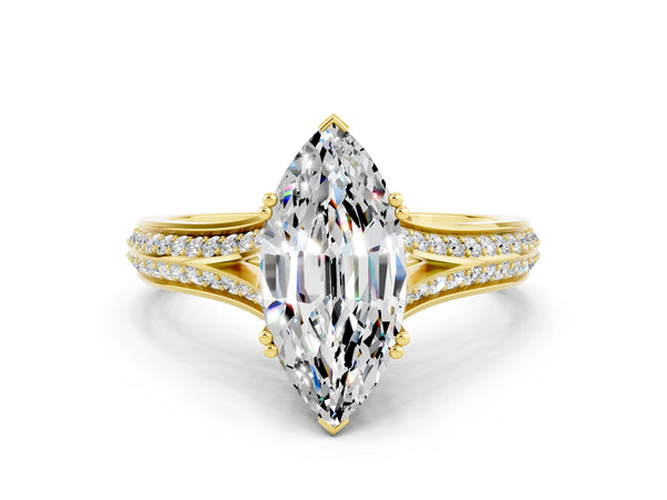 Yellow gold Marquise Cut Moissanite Split Shank Engagement Ring with Pavé Band