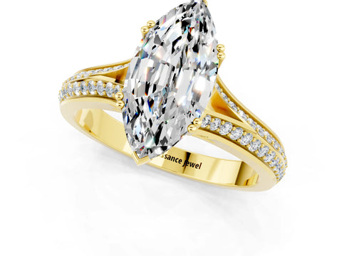 Yellow gold Marquise Cut Moissanite Split Shank Engagement Ring with Pavé Band_1