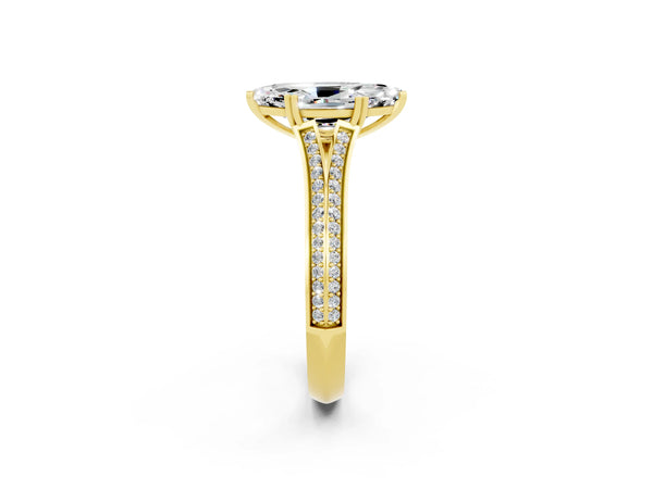 Yellow gold Marquise Cut Moissanite Split Shank Engagement Ring with Pavé Band